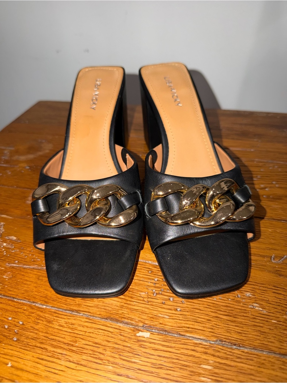 Black Slide Mules with Gold Chain Accent